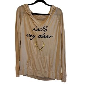 Southward Hello My Deer Graphic Hoodie Tan Gold Antlers V-Neck Modal Blend Large